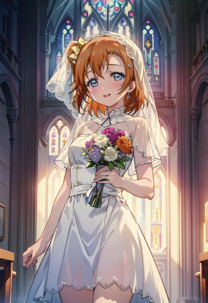 Highest quality, masterpiece, High resolution, alone, {Honoka Takasaka lovelive:1.15}, blue eyes, Orange Hair,short hair ,blush,happy smile, smile, Open your mouth,Wedding dress,Veil,bouquet,
break looking at viewer, Upper Body,(Cowboy Shot:1. 5) break indoors, Chapel,church, break (masterpiece:1.2), Highest quality, High resolution, unity 8k wallpaper, (shape:0.8), (Beautiful attention to detail:1.6), Highly detailed face, Perfect lighting, Extremely detailed CG, (Perfect hands, Perfect Anatomy),