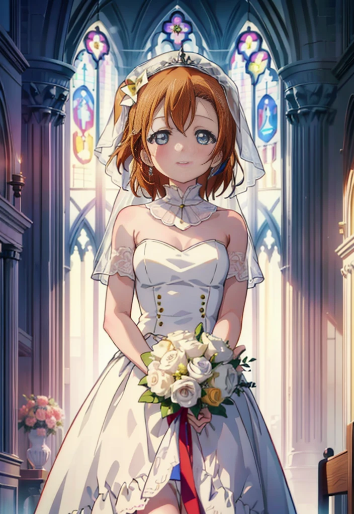 Highest quality, masterpiece, High resolution, alone, {Honoka Takasaka　lovelive:1.15}, blue eyes, Orange Hair,short hair ,blush,happy smile, smile, Open your mouth,Wedding dress,Veil,bouquet,　　　　　　　　　　　　 
 break looking at viewer, Upper Body,(Cowboy Shot:1. 5) 　　　　　　　　　　　　　　　　　　　break indoors, Chapel,church, 　　　　　　　　　　　break (masterpiece:1.2), Highest quality, High resolution, unity 8k wallpaper, (shape:0.8), (Beautiful attention to detail:1.6), Highly detailed face, Perfect lighting, Extremely detailed CG, (Perfect hands, Perfect Anatomy),