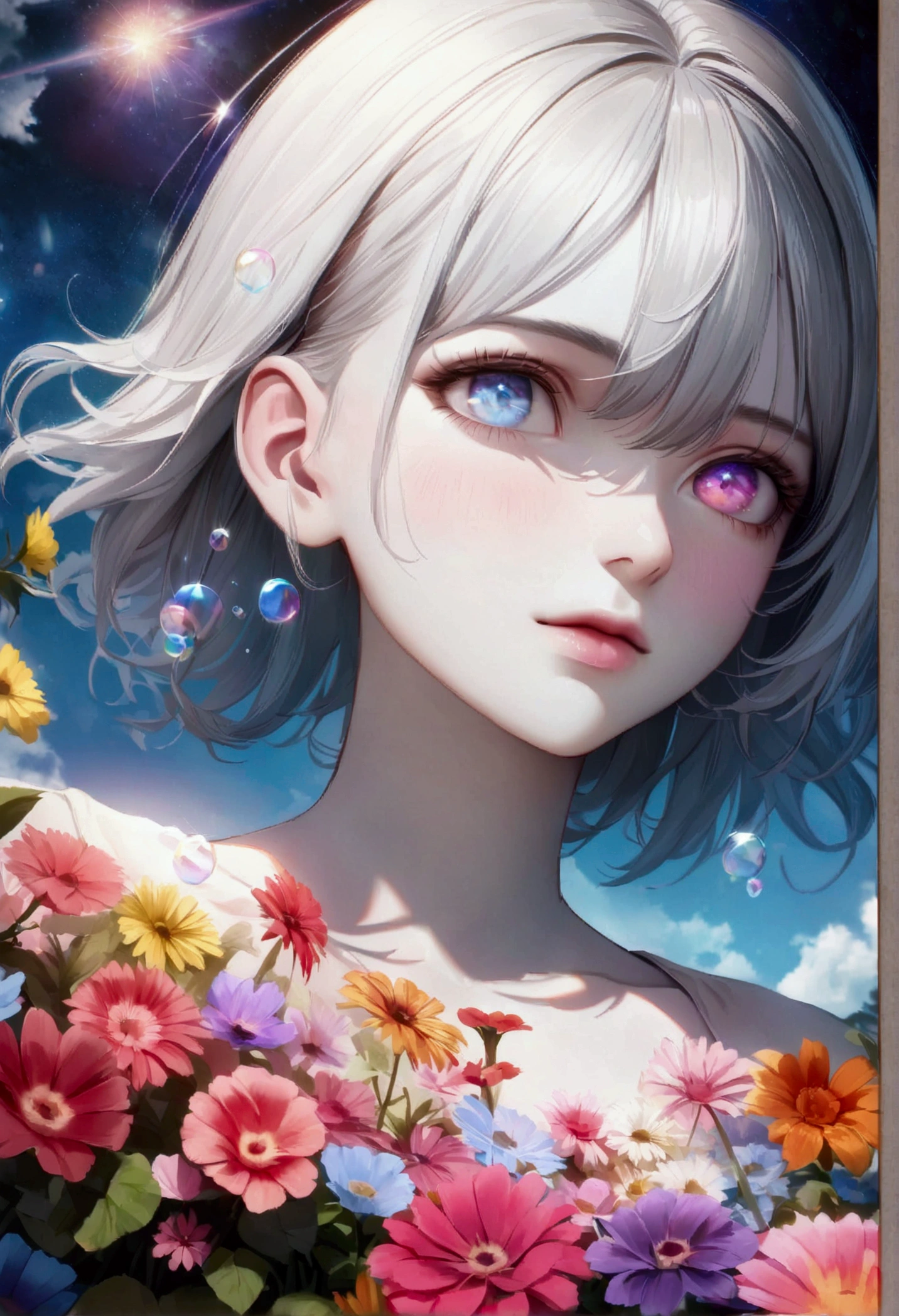 (female\(Student, age 15, JK, short floating silver hair, cosmic colored eyes, black , pale skin, tired face without shine in the eyes\) is looking at the sky), beautiful sky, beautiful clouds, colorful summer flowers bloom here and there, (Crystalline bubbles shine like prisms here and there in the sky), There is the noon moon and the noon stars in the sky, BREAK ,quality\(8k,extremely detailed CG unit wallpaper, masterpiece,high resolution,top-quality,top-quality real texture skin,hyperrealistic,increase resolution,RAW Photos,la mejor quality,Very detailed,The wallpaper,cinematic lighting,ray trace,golden ratio\),long shot