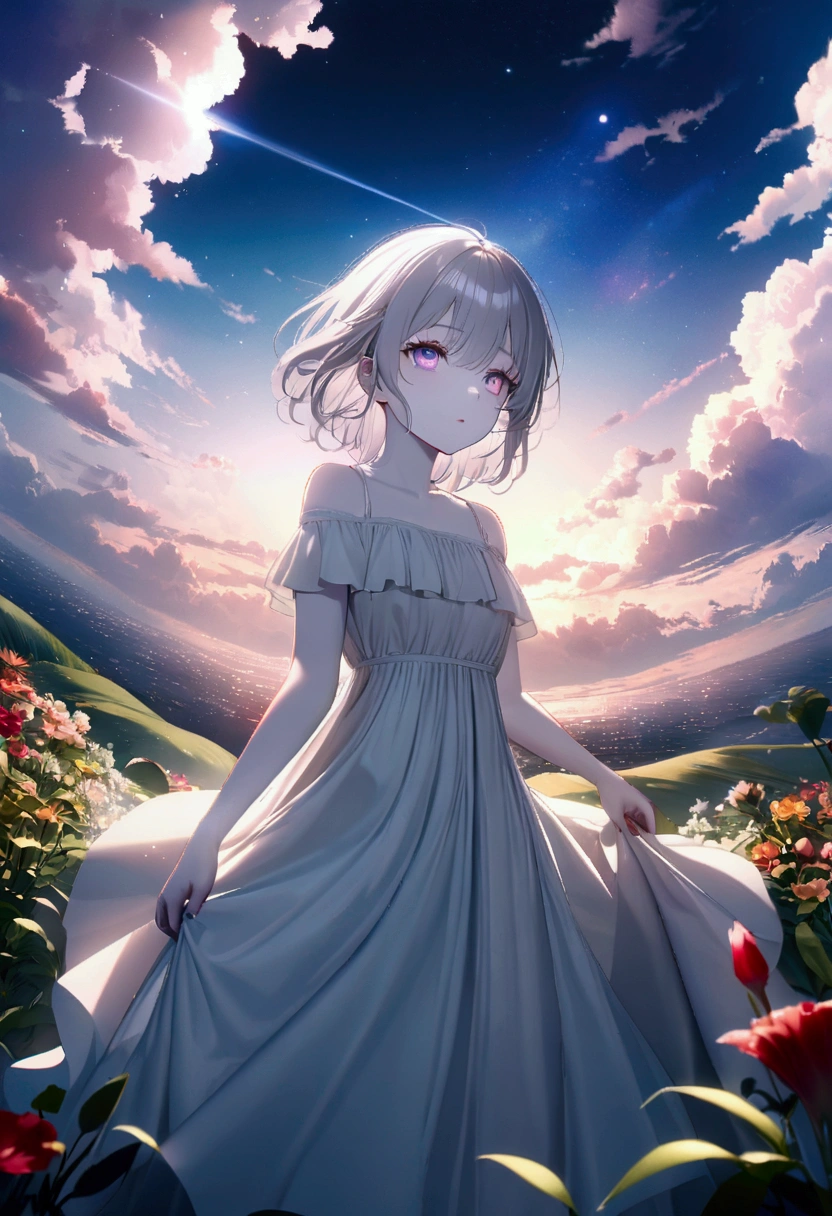 (female\(Student, age 15, JK, short floating silver hair, cosmic colored eyes, black , pale skin, tired face without shine in the eyes\) is looking at the sky), beautiful sky, beautiful clouds, colorful summer flowers bloom here and there, (Crystalline bubbles shine like prisms here and there in the sky), There is the noon moon and the noon stars in the sky, BREAK ,quality\(8k,extremely detailed CG unit wallpaper, masterpiece,high resolution,top-quality,top-quality real texture skin,hyperrealistic,increase resolution,RAW Photos,la mejor quality,Very detailed,The wallpaper,cinematic lighting,ray trace,golden ratio\),long shot