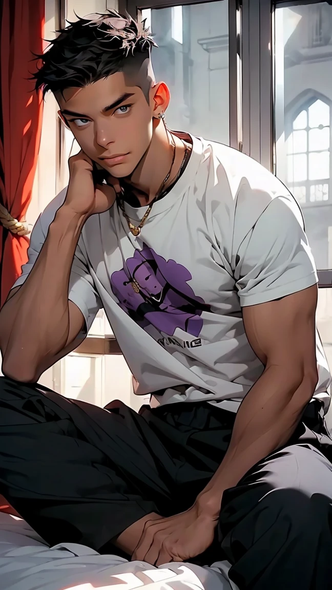 highest quality, 8K, high resolution image, anime style Jujutsu Kaisen, detailed strokes, slightly tanned skin, blurry, smile, purple light reflecting from it, (close angle), 1 man, young, male, model, cool guy, muscular, blue Eyes, brown very short hair, brown hair, short hair, hairstyle: undercut, hair slicked back, swollen chest, he is wearing a T-shirt under a jacket and sweatpants, hand in trouser pocket, gold link chain, background: bedroom, bright room, large window, sitting on the bed, relaxation pose
