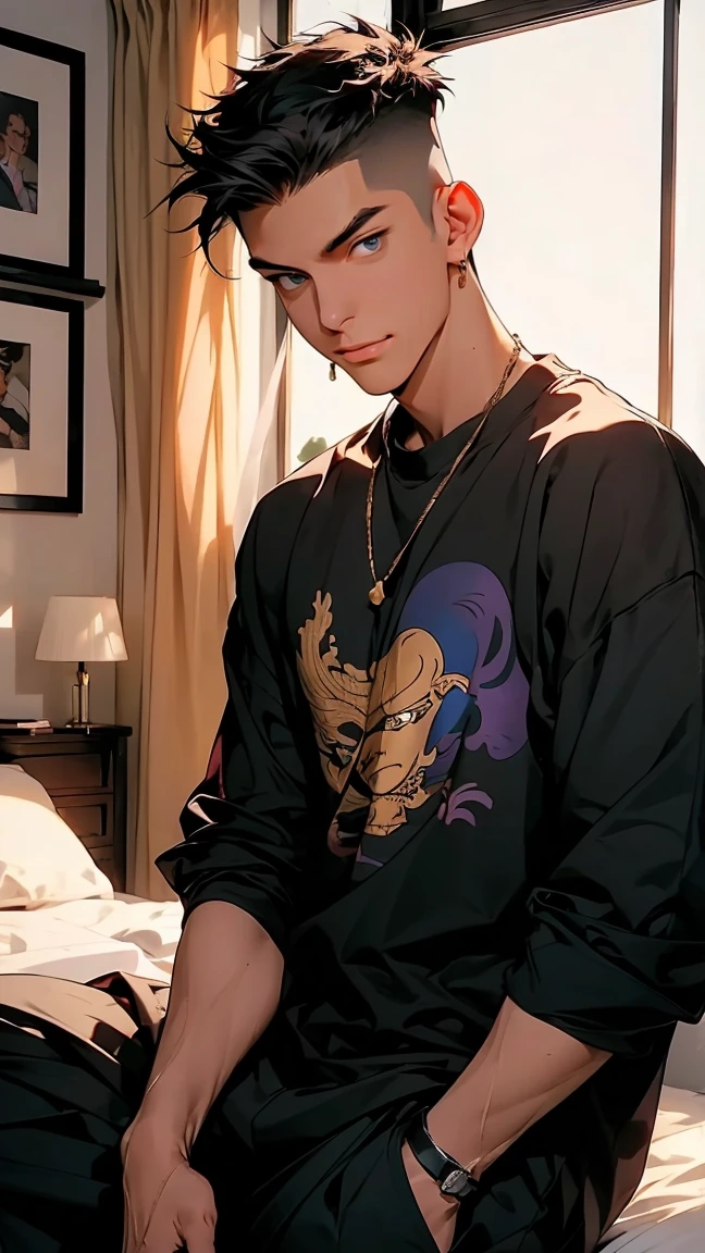 highest quality, 8K, high resolution image, anime style Jujutsu Kaisen, detailed strokes, slightly tanned skin, blurry, smile, purple light reflecting from it, (close angle), 1 man, young, male, model, cool guy, muscular, blue Eyes, brown very short hair, brown hair, short hair, hairstyle: undercut, hair slicked back, swollen chest, he is wearing a T-shirt under a jacket and sweatpants, hand in trouser pocket, gold link chain, background: bedroom, bright room, large window, sitting on the bed, relaxation pose