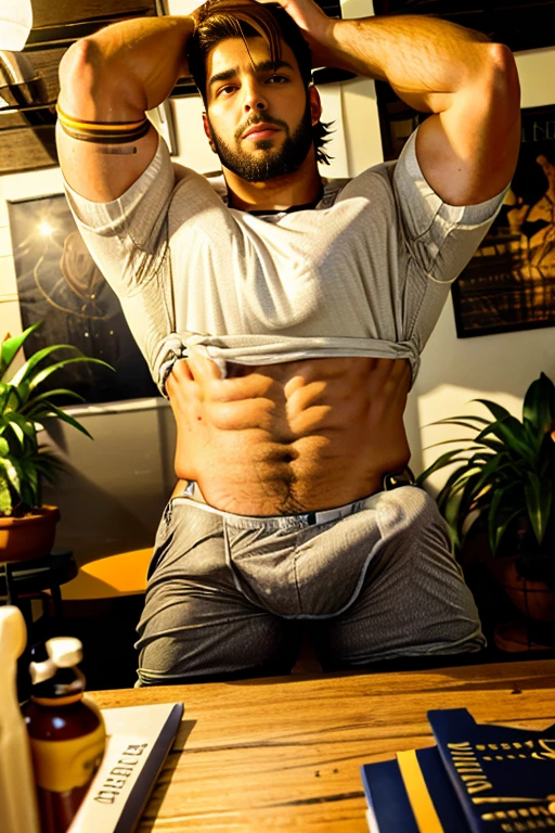 best quality, masterpiece, 8K, HD, indian masculine, 30 year-old hot beard indian desi face gentleman, very muscular, tanned skin, stylish hair, tight business suit, ((shirtspread)), vpl, papers and folders on table, tall indoor plants, big bubble butt, looking directly at camera, very seductive expression, sexy, god rays, soft lighting, dynamic shadows, sharp focus, perfection, no watermark, full view, top to bottom, wide huge shoulder, chest, arms, wide legs,