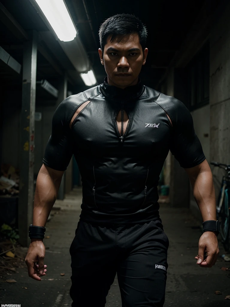 modern Indonesian superhero, darkmode, realistic, cool, named Hendra