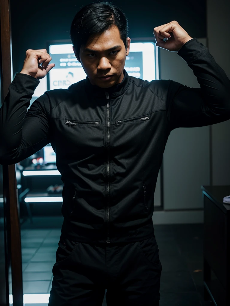 modern Indonesian superhero, darkmode, realistic, cool, named Hendra