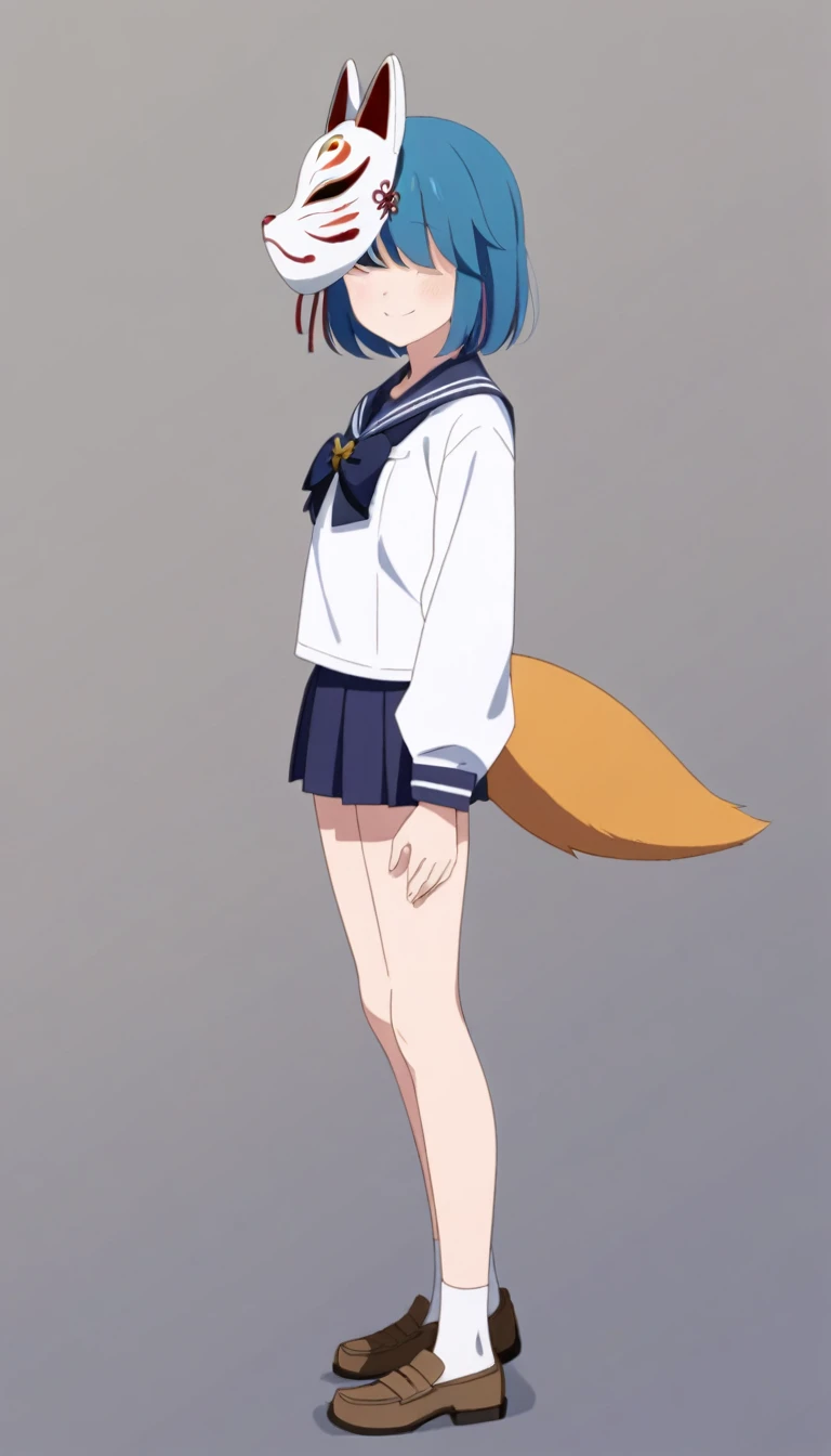 18-year-old, young girl, anime, short hair, (Japanese fox mask on his face), ((face is hidden by a fox mask)), BREAK blue hair, full body, sailor suit, short pleated skirt, smiling, (simple background), (stand up straight), anatomically correct