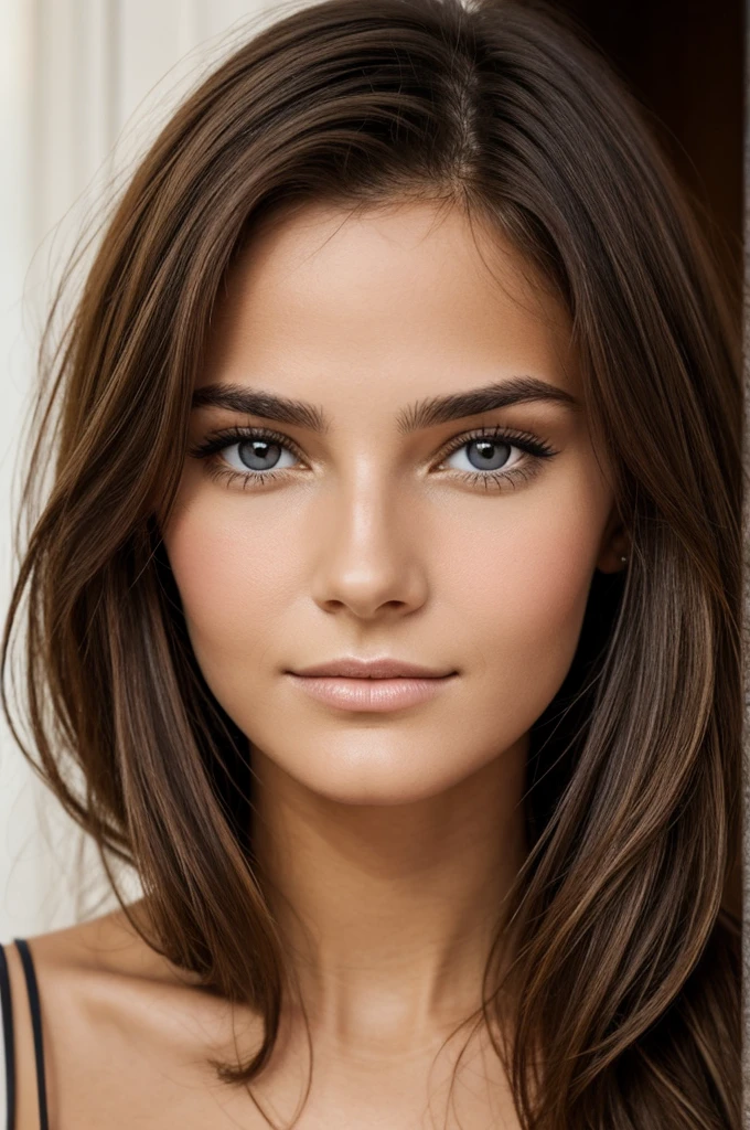 Visage de jeune femme brune de face 