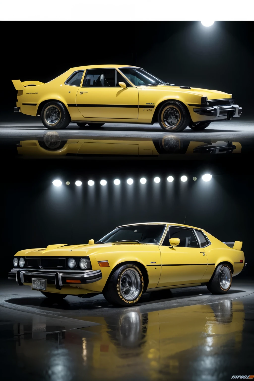detailed photorealistic 1977 Chevrolet Opala car, McLaren MP4/4 inspired paint scheme, yellow headlights, hyper-realistic, 4k, studio lighting, ultra-detailed, extremely detailed, sharp focus, physically-based rendering, vivid colors, intricate details, photographic, luxury vehicle, chrome accents, glossy finish, reflection, cinematic composition