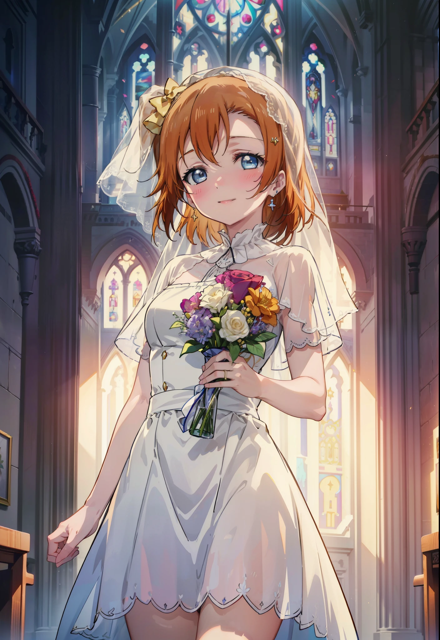 Highest quality, masterpiece, High resolution, alone, {Honoka Takasaka lovelive:1.15}, blue eyes, Orange Hair,short hair ,blush,happy smile, smile, Open your mouth,Wedding dress,Veil,bouquet,
break looking at viewer, Upper Body,(Cowboy Shot:1. 5) break indoors, Chapel,church, break (masterpiece:1.2), Highest quality, High resolution, unity 8k wallpaper, (shape:0.8), (Beautiful attention to detail:1.6), Highly detailed face, Perfect lighting, Extremely detailed CG, (Perfect hands, Perfect Anatomy),