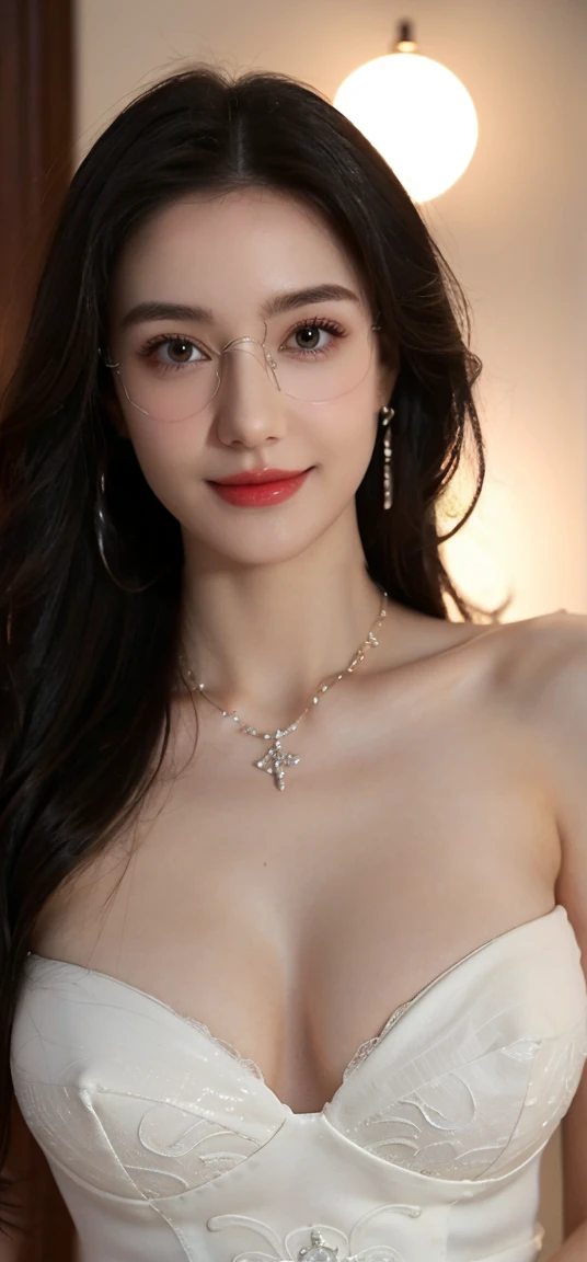 (Canon RF85mm f/1.2), (8K, original photo, best quality), (masterpiece), (Practical, photograph Practical), (Extremely detailed, High Detail, Best image quality, Very detailed, high resolution, Very detailed, Extremely detailed的描述, very good, Extremely exquisite and beautiful work), Beautiful and delicate girl, Solo Girl, ((Perfect body)), Very detailed eyes and face, White skin, Noble and beautiful, ((Delicate skin texture, Pores)), Perfect anatomical structure, Beautiful body, Delicate face, Slim abdominal muscles, Slim waist), Big Ass, (Large Breasts, Breast enlargement), (Clive Arch), (Soulful gaze, soulful eyes, Glowing eyes), (Beautiful clear eyes), (Bounce Curly Messy Long Hair), (Smile:1.2), (Fascinated expression), (Beautiful appearance), ((Low-cut,Wedding dress,No Sling,Show your shoulders,Huge breasts)), ((Tight Fit)), ((bud)), ((wear glasses)), earrings, necklace, ((night)), ((Street View, moonlight)), Physically Based Rendering, Realistic lighting, (((Upper Body))), ((Looking at the audience)), ((Everlasting)), ((Happy and shy)),Yoga Clothes