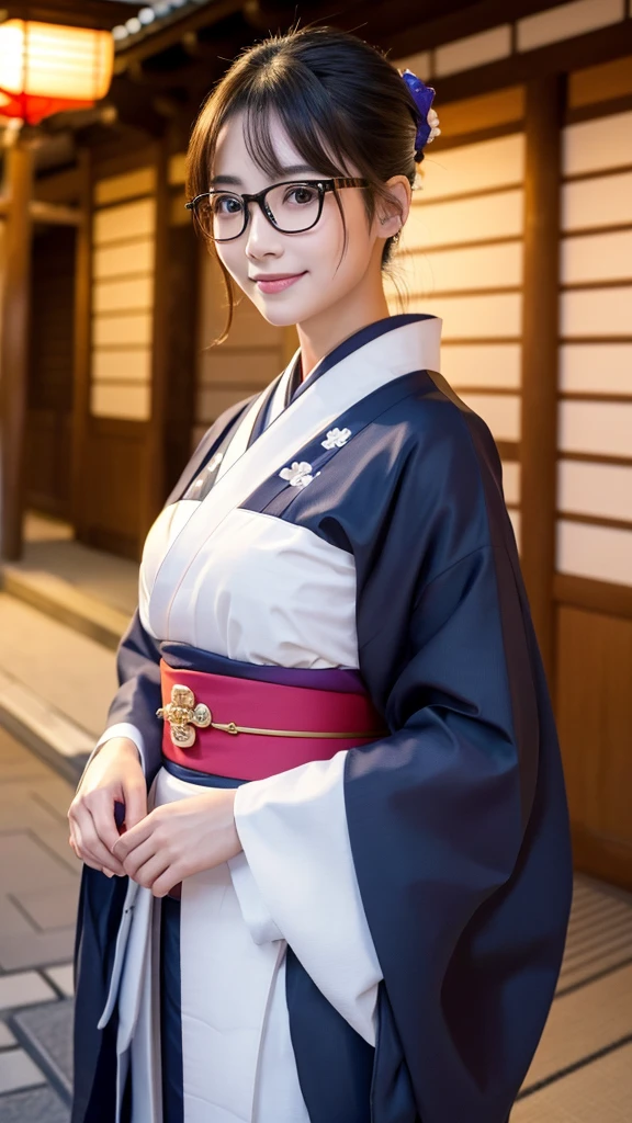 (Super beautiful woman in kimono)、((highest quality、8K masterpiece:1.3))、sharp focus:1.2、(super beautiful face:1.0)、(shiny skin:1.0)、realistic pictures、black hair、video lighting、High resolution eyes and face、video lighting、japanese actress、from the front、big breasts、with a happy smile、Slender abs beauty、whole body、wearing a kimono、in Kyoto、(((luxury obi)))、In Kyoto at night、wearing glasses with no edge、with a fan