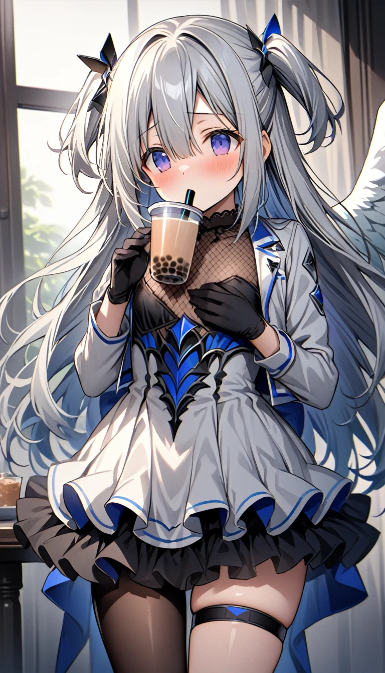 best quality,ultra detailed,extremely detailed and beautiful,perfect anatomy,perfect hands,(amane kanata)+++, angel, angel_wings, asymmetrical hair,silver hair,mesh (blue), very long hair, two side up,flat chest,(black frill dress)+,black gloves, (white jacket)+++,opened jacket,asymmetrical legwear,bubble tea challenge,(Support the breast with both hands), breast on tea,