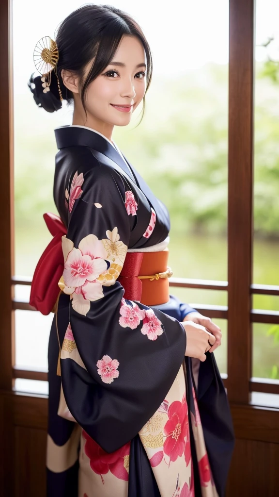 (Super beautiful woman in kimono)、((highest quality、8K masterpiece:1.3))、sharp focus:1.2、(super beautiful face:1.0)、(shiny skin:1.0)、realistic pictures、black hair、video lighting、High resolution eyes and face、video lighting、japanese actress、from the front、with a happy smile、whole body、wearing a kimono、in Kyoto、(luxury obi)、with a fan