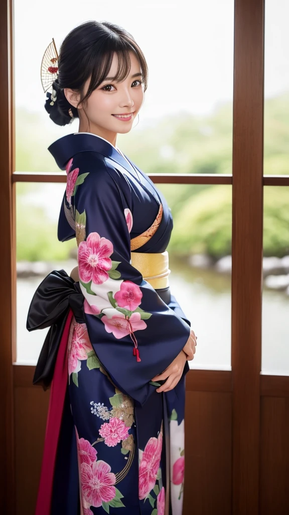 (Super beautiful woman in kimono)、((highest quality、8K masterpiece:1.3))、sharp focus:1.2、(super beautiful face:1.0)、(shiny skin:1.0)、realistic pictures、black hair、video lighting、High resolution eyes and face、video lighting、japanese actress、from the front、with a happy smile、whole body、wearing a kimono、in Kyoto、(luxury obi)、with a fan