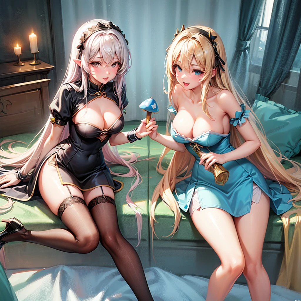 a beautiful 20 year old blonde woman with big messy hair in a blue dress, white stockings, black headband, cleavage, holding a glowing mushroom, fantasy art style, rossdraws cartoon vibrant, alice x. zhang, alice in wonderland cyberpunk, cute detailed digital art, colorfull digital fantasy art, digital fantasy art ), glossy digital painting, rossdraws pastel vibrant, rossdraws 2. 5, rossdraws 1. 0