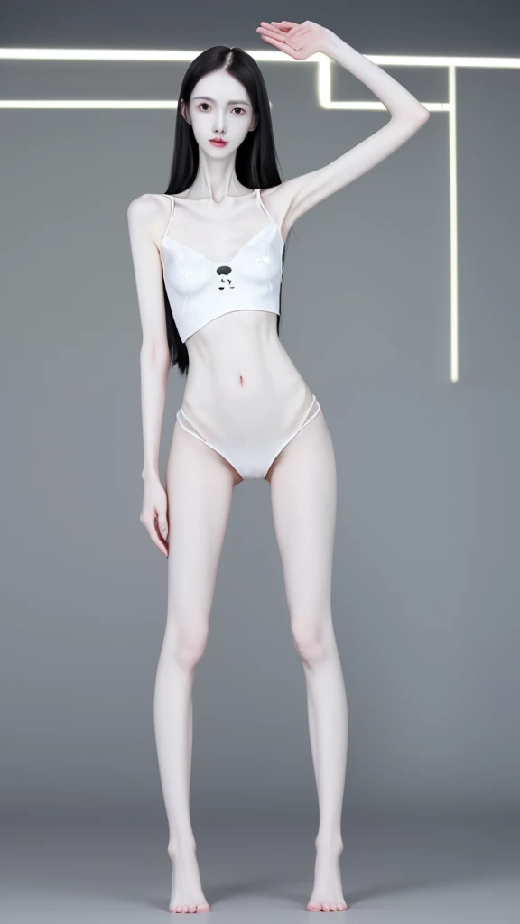 a female school teacher, very thin, pale white skin, visible bones, wet sweat, very slender body, full body figure