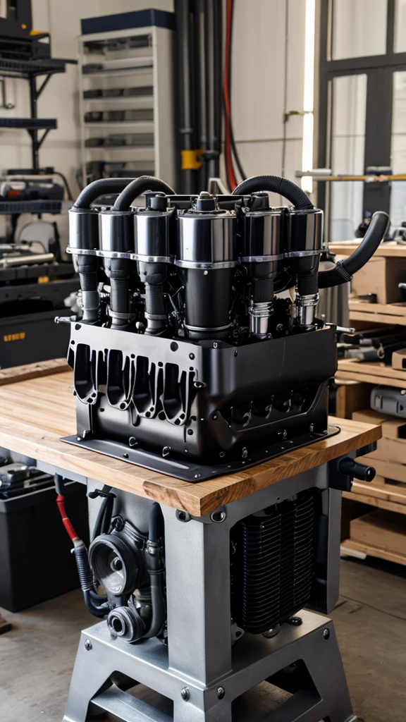 V8 twin turbo engine with black color engine block and silver headcover on a work bench with tool on side