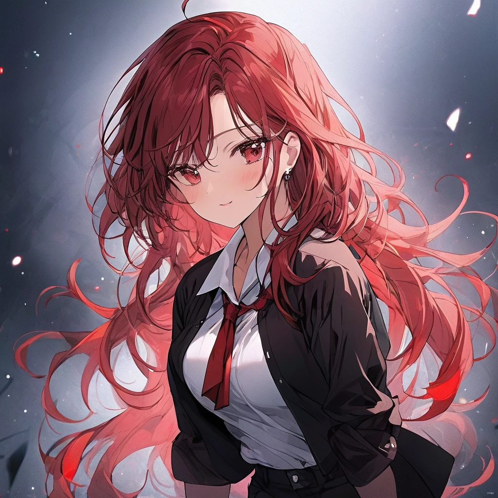 best quality, masterpiece, solo, 1girl, red hair, shirt,  red eyes, black beckground, full faces