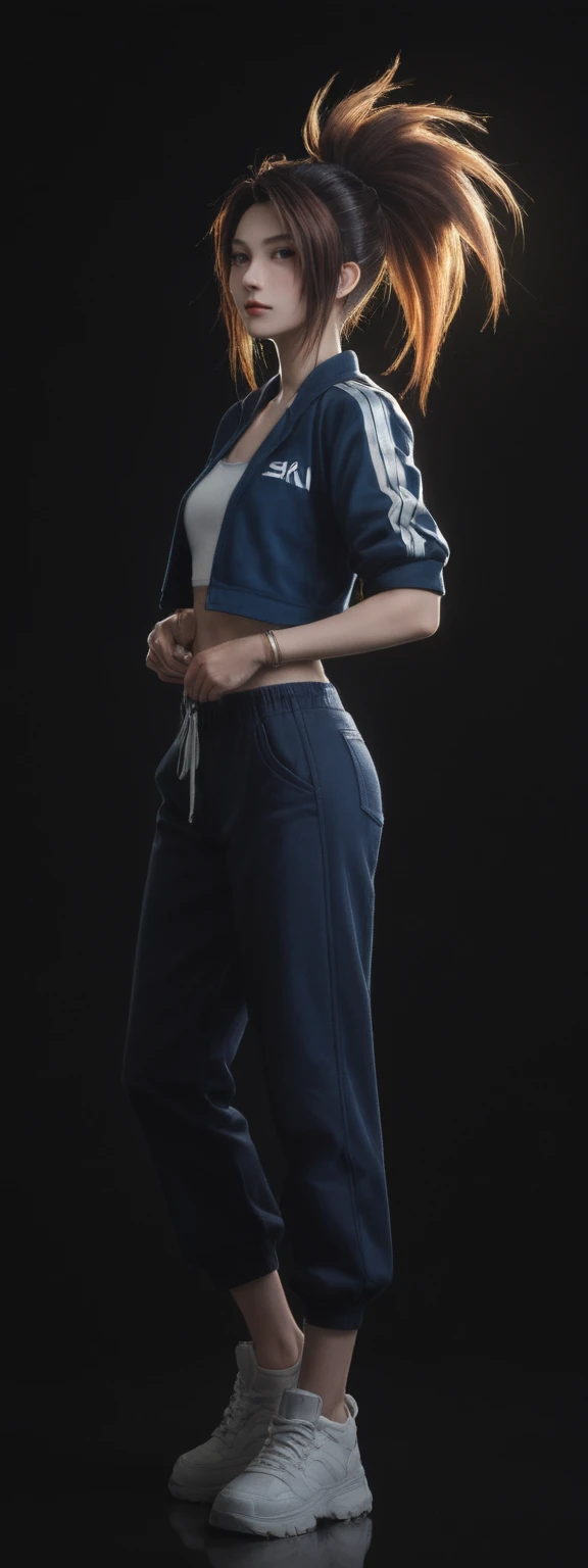 realistic, score_9, score_8_up, score_7_up, score_6_up, 
1girl, solo, from front, full body, Akali \(league of legends\),  black background, makeup, sidelighting, backlighting, glowing,