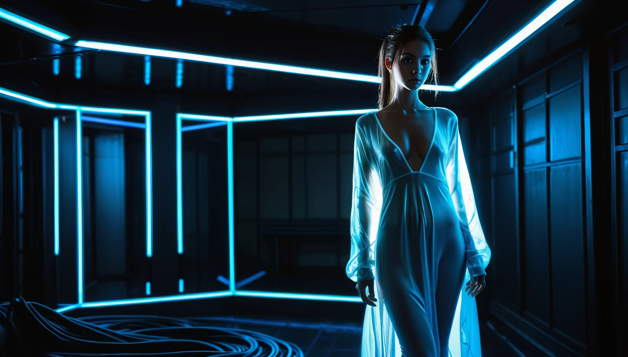 Top Quality, Masterpiece, High Resolution, 8k, (((cute skinny barely legal girl in oversized silky nightgown and wetlook leggings, wide neckline, deep neckline, small perky breasts, beautiful detailed eyes, beautiful detailed lips, small closed mouth, extremely detailed face, long ponytail hair, small hips))), cyberpunk apartment, moody atmosphere, dramatic and random neon colors, futuristic setting, intricate details, at night, backlit, full body shot, view from distance 