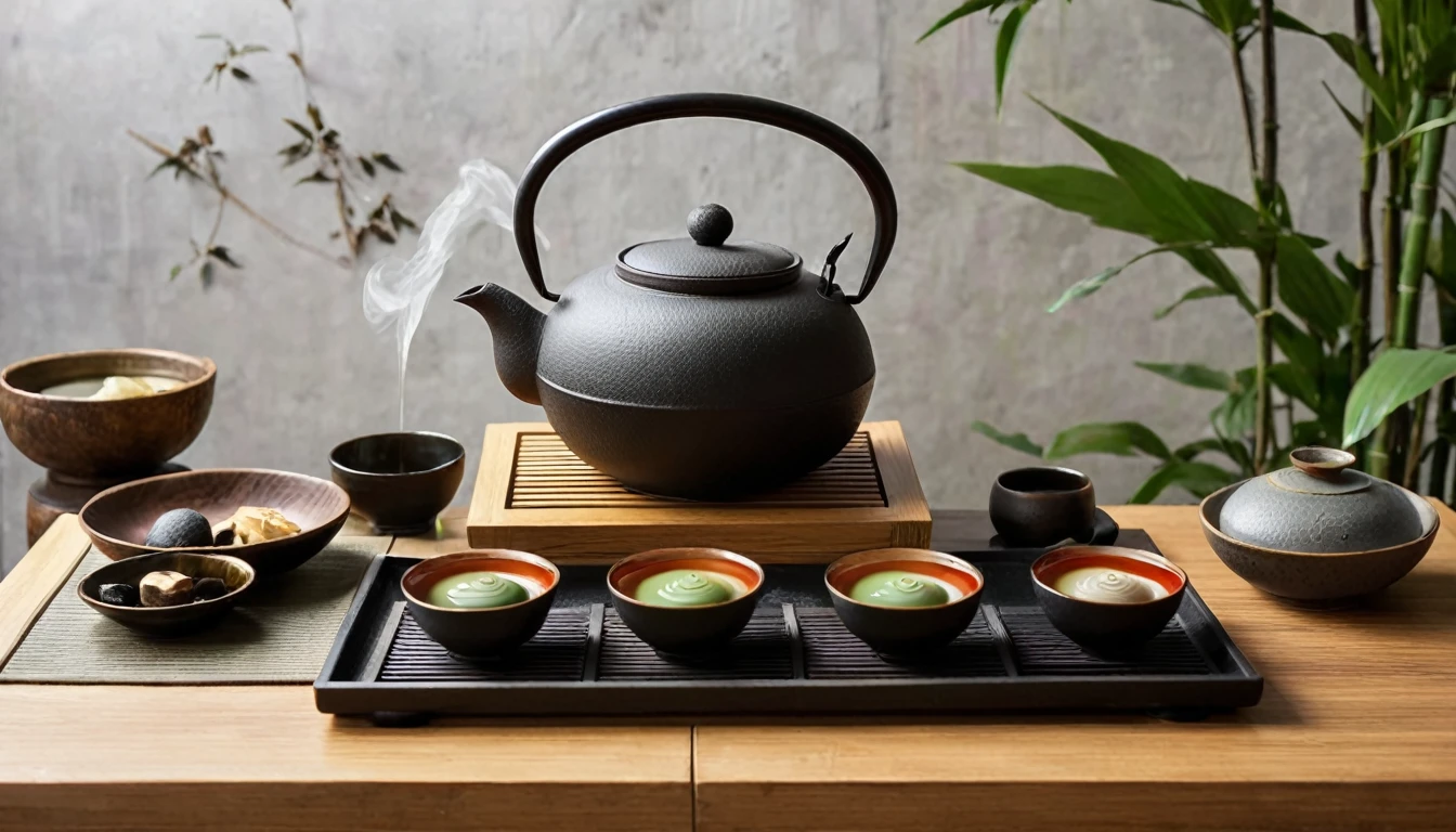 ((Masterpieces in up to 16K resolution):1.6),((soft_color_photography:)1.5), ((Super detailed):1.4),((Typical static images and dynamic angles):1.3),Realistic tea ceremony tea sets，Black cast iron kettle with white ceramic tea set，Zen-style small bamboos arranged according to tea banquet rules，Minimalist style tea ceremony scene，Zen style tea banquet，Elegant Zen state，Cleanse people&#39;s hearts，Black thick ink strokes background(Shimmer), (Visual experience) ,(realism), (actual),Award-winning graphics, Hidden Shot, film grain, Very detailed, Digital art, instant transfer, Unreal Engine, Scene concept anti-glare effect, All captured in sharp focus.