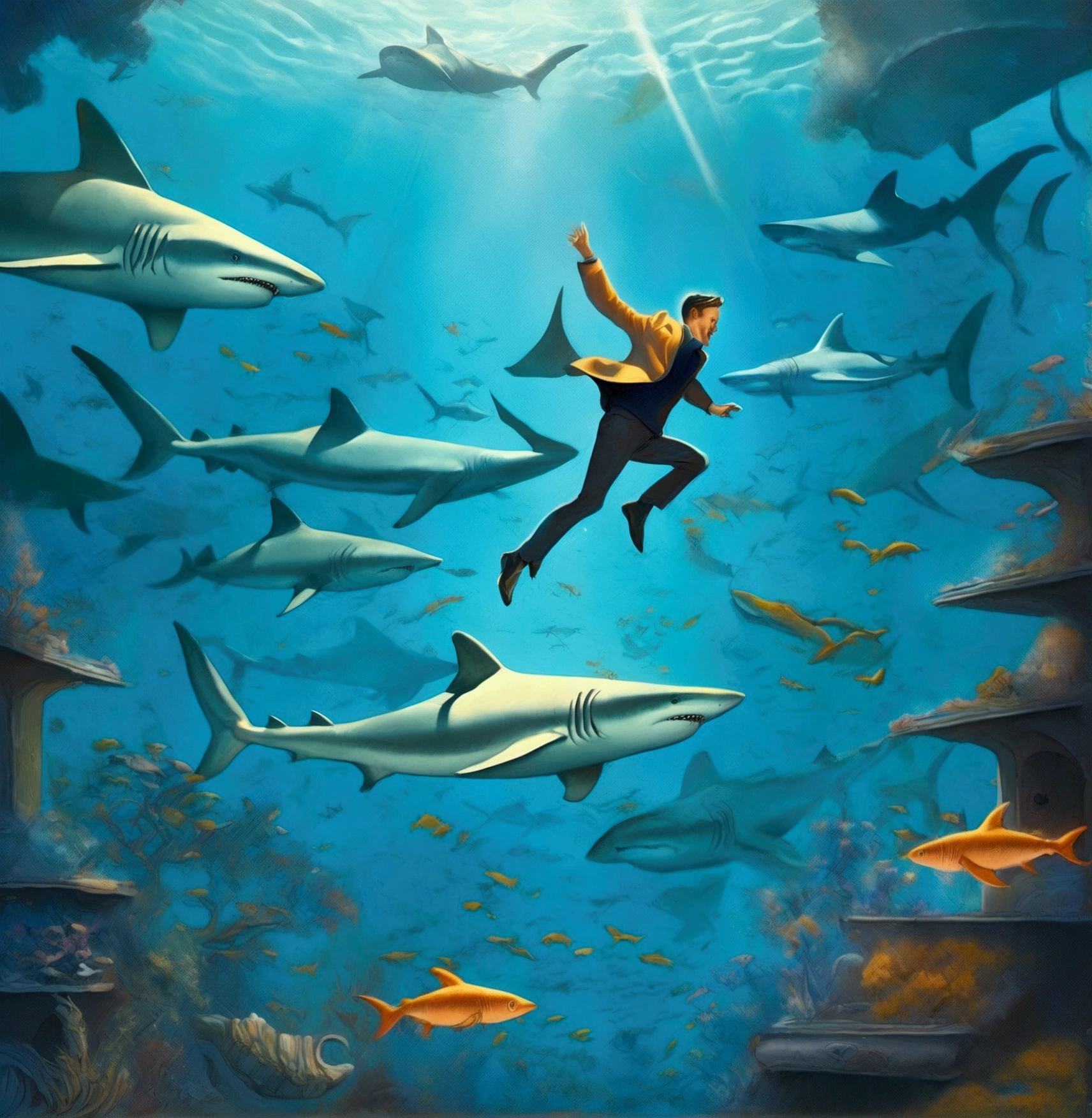illustration of a man jumping into the ocean with sharks and fish, a surrealist painting inspired by Cyril Rolando, cg society contest winner, fantastic realism, cyril rolando and m.w kaluta, cyril rolando and m. w kaluta, rob gonsalves and tim white, jim warren and rob gonsalves, in style of cyril rolando