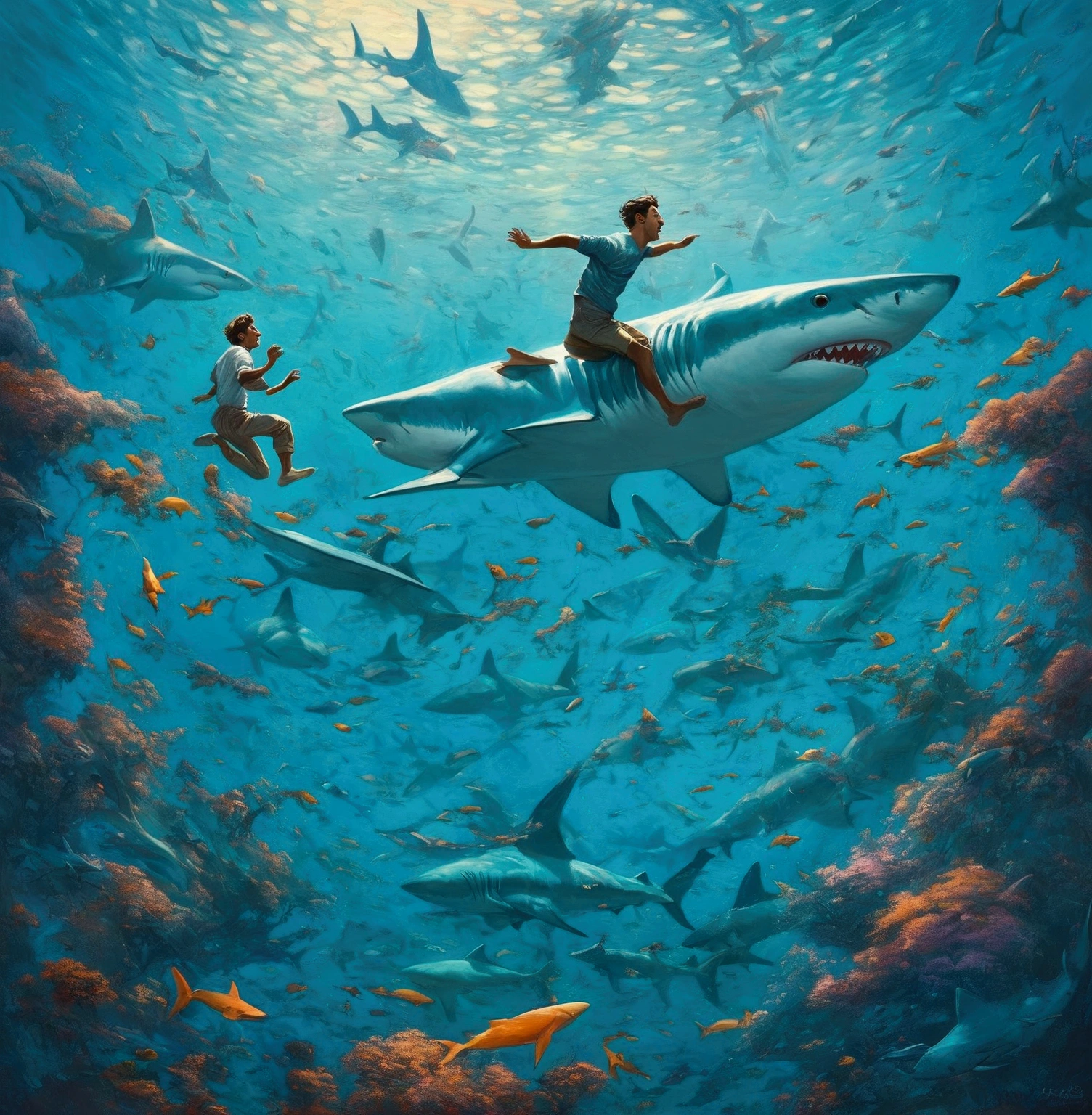 illustration of a man jumping into the ocean with sharks and fish, a surrealist painting inspired by Cyril Rolando, cg society contest winner, fantastic realism, cyril rolando and m.w kaluta, cyril rolando and m. w kaluta, rob gonsalves and tim white, jim warren and rob gonsalves, in style of cyril rolando