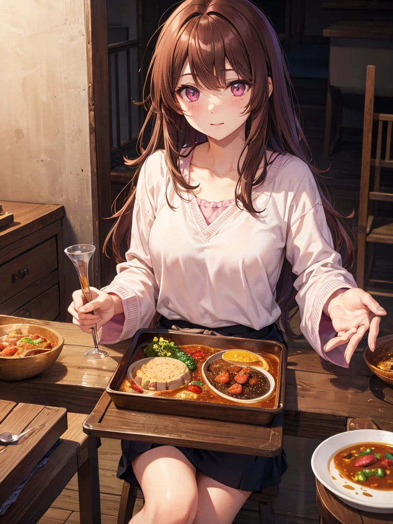 gil, pink eyes, long curry brown hair, kind, quiet girl.