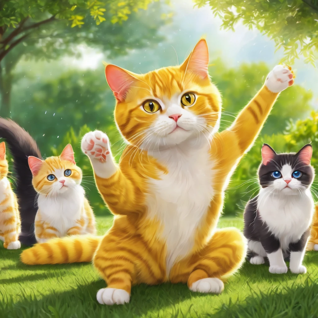 I want to create an image of a yellow cat and a group of cats of different types and colors all doing the same yoga pose, park, cat, yellow, different colors, yoga, movement, pose, grass, trees, walkway, sunlight, dew, peacefulness, harmony, flexibility, balance, curiosity, observation, meditation