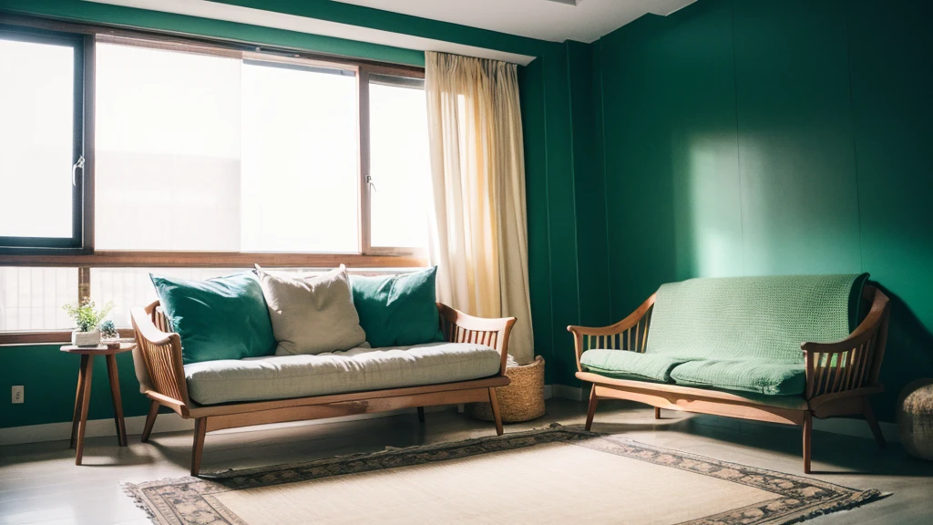 A living room that combines modern minimalist style with Southeast Asian culture.. The combination of clean lines and natural materials、It creates a comfortable and relaxing atmosphere. Bright light shines through the gauze curtains., Casting green silhouette. The fluffy sofa and carefully handwoven carpet、It gives you a different feeling of comfort.. Spending fun time with family、Catch up with friends, This elegant space、Offering endless surprises and comfort. ,masterpiece, Highest quality,8K, Ultra-high resolution,