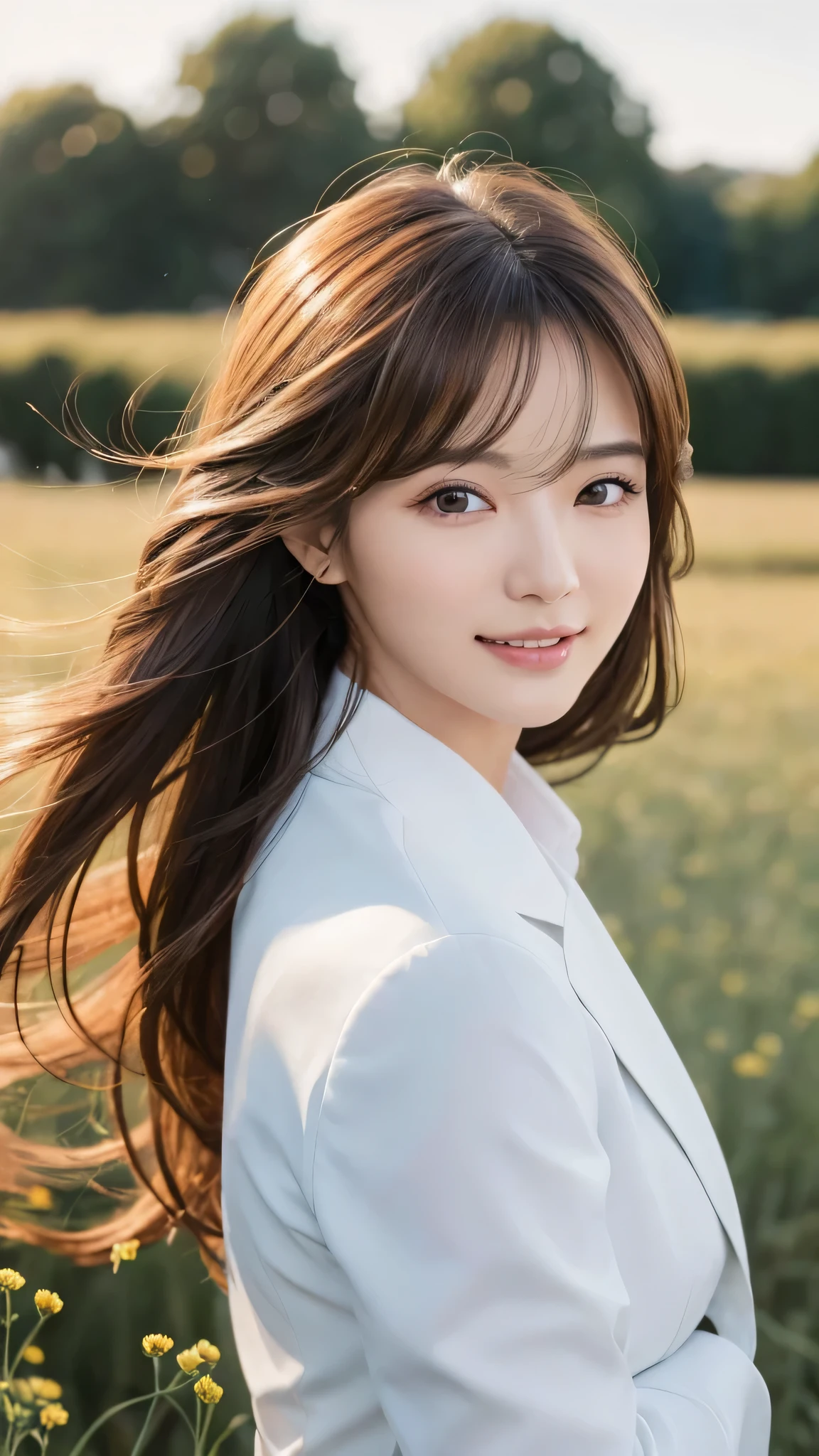 highest quality、genuine、Super detailed、finely、High resolution、8k wallpaper、one beautiful woman、、、light brown disheveled hair、wearing a business suit、sharp focus、perfect dynamic composition、beautiful and detailed eyes、thin hair、Detailed genuine skin texture、smile、model body shape、In a windswept meadow