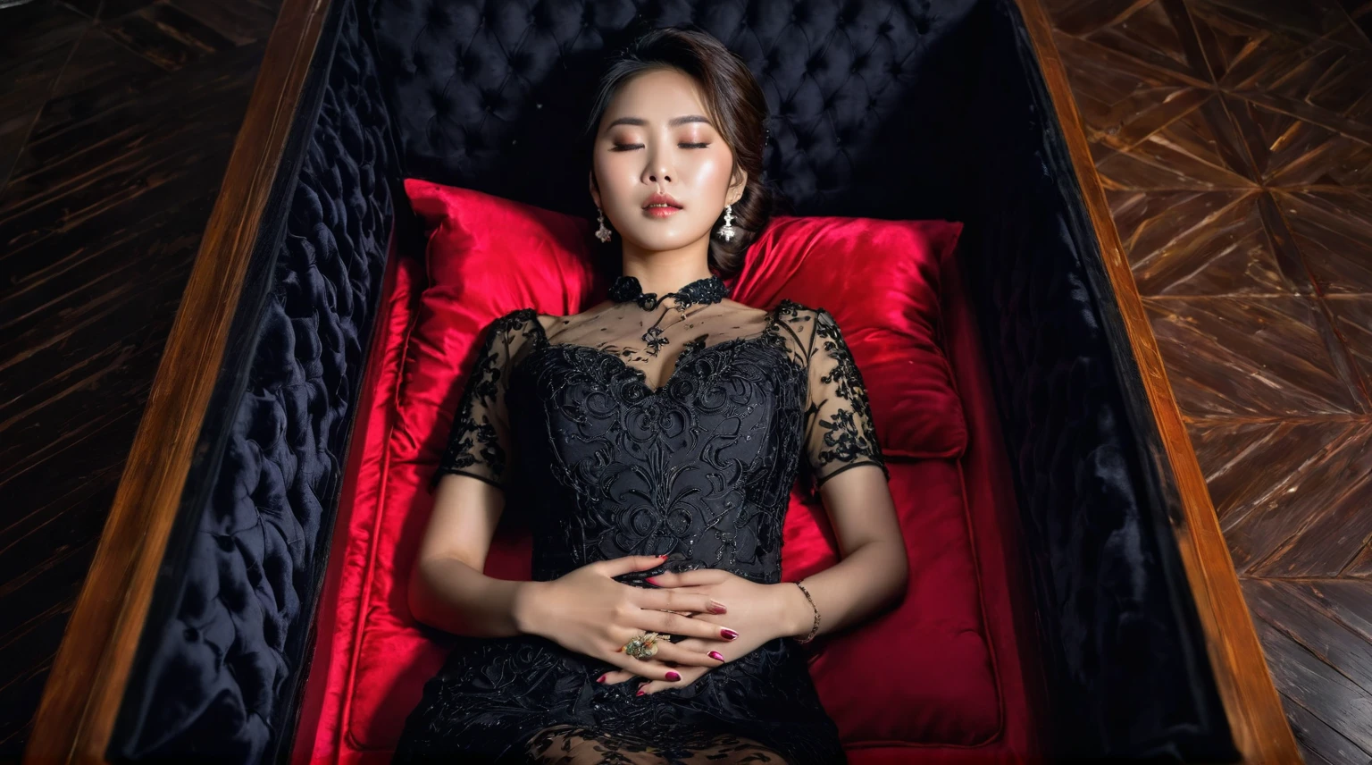In a striking 8K HDR scene, a stunning Korean woman, 22 years old, lies peacefully in a black coffin surrounded by plush pillows. The deep box is set against a rich black background, accentuating the beauty of the subject. Her exquisite deep-V neckline kebaya attire is embroidered with superb detail, showcasing her round and firm breasts, perfect cleavage, and beautiful eyebrows. Her closed eyes and mouth give an air of serenity, while her visible and absolute cleavage leave nothing to imagination. The scene is bathed in saturated colors, highlighting every intricate aspect from the ball skirt to her clean face, straight body, detailed hand perfect hands, straight body, own hands together, own hand on stomach, detailed hands, perfect hands.