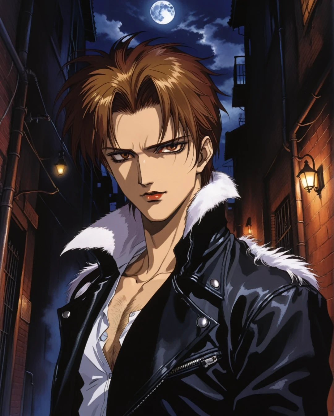 Art style by Akihiro Yamada, Art style by Suehiro Maruo, Art style by Ayami Kojima, (Masterpiece, Top Quality, Super Detail, High Resolution, Best Illustration), Create a visually striking illustration of a male vampire in a dark alley at night, under the light of a full moon. He has light brown tanned skin, wearing a white and black striped t-shirt paired with a black leather jacket featuring a fur-trimmed collar, and black denim jeans. His hair is styled in a black short sidecut, and he has captivating brown eyes.Depict the scene in a 1980s retro anime art style, capturing the essence of the era with vibrant colors and bold lines. The dark alley should be filled with shadows and subtle details that evoke a sense of mystery and danger. Use dramatic lighting to highlight the vampire's menacing yet alluring presence, ensuring every element contributes to an outstanding masterpiece that pays homage to classic anime aesthetics and vampire lore.