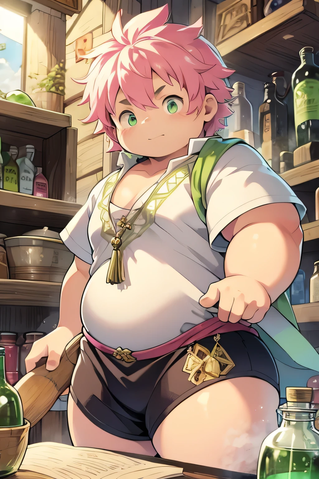 fat Boy,Fluorescent green eyes,Pink hair,merchant,shop,Potion Bottle,cute,Medieval clothing,Short shorts,the right hand held a book,Five fingers,
