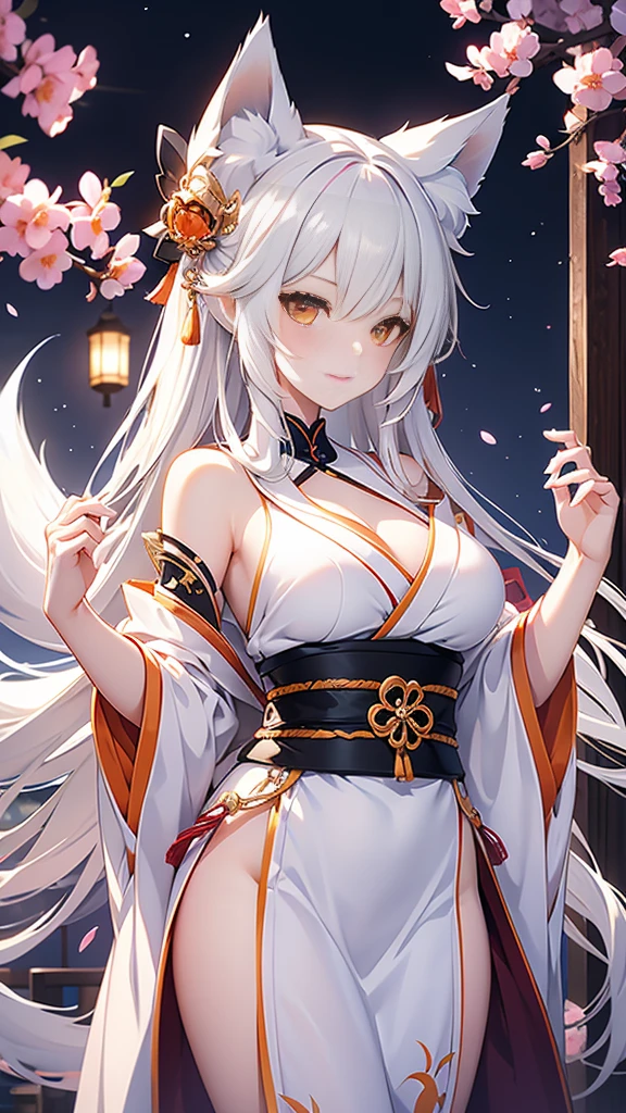 Spirit fox, sexy, bright eyes, white hair, fox ears, loom at viewer, beatifull girl, seductive gaze, sexy pose, orange eyes, fox eyes, eyeliner, japanese clothing, perfect girl, bauty girl, sexy girl, good body.