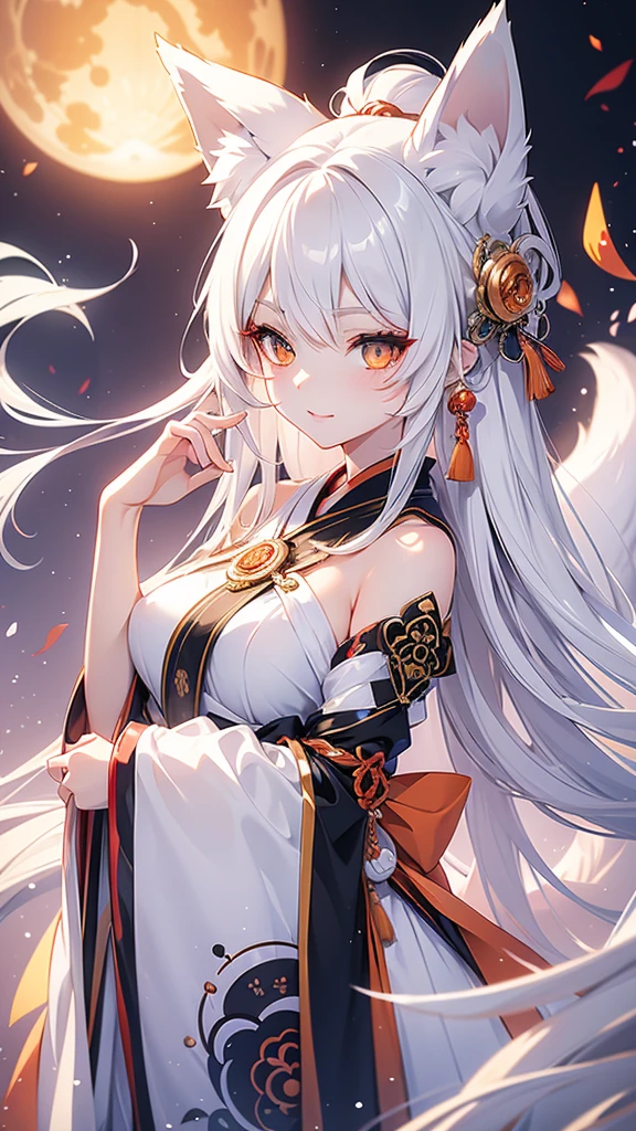 Spirit fox, sexy, bright eyes, white hair, fox ears, loom at viewer, beatifull girl, seductive gaze, sexy pose, orange eyes, fox eyes, eyeliner, japanese clothing, perfect girl, bauty girl, sexy girl, good body.
