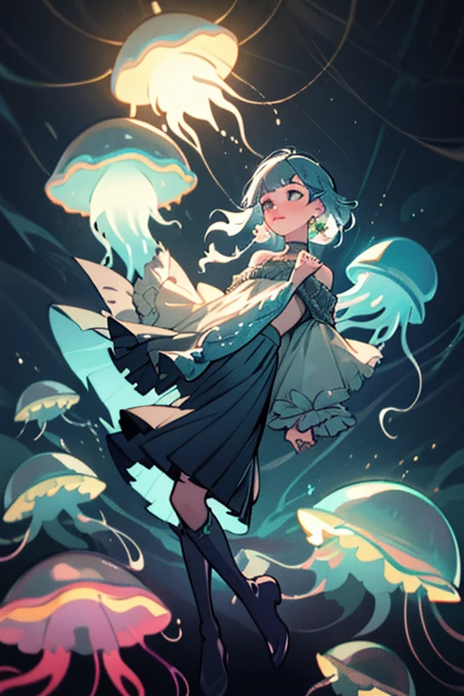1girl, Ethereal sheer blouse, pleated midi skirt, knee-high boots, chandelier earrings, velvet clutch, faux fur stole, Drip, Oil paint, Stencil, A mystical ocean scene, bioluminescent plankton lighting the waves, the Milky Way visible overhead, glowing jellyfish drifting, a solitary island shrouded in mist, the sea mysteries whispering softly,