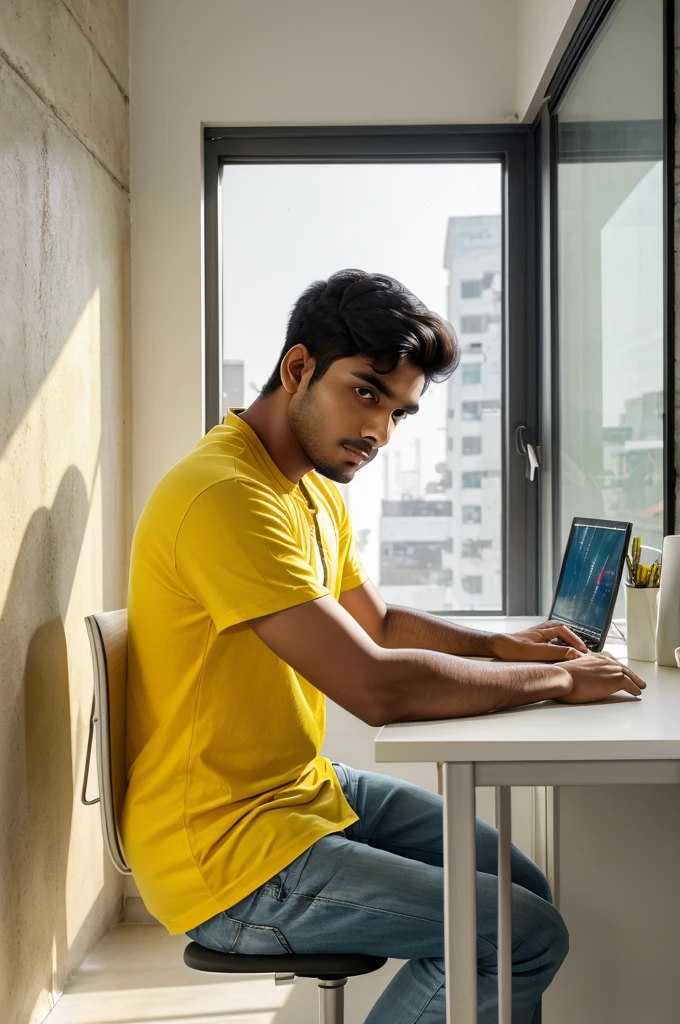 a young Indian man sitting, modern white desk, both hands on tab desk, both hands on table, yellow from one side, looking im window on wall, studio lighting in