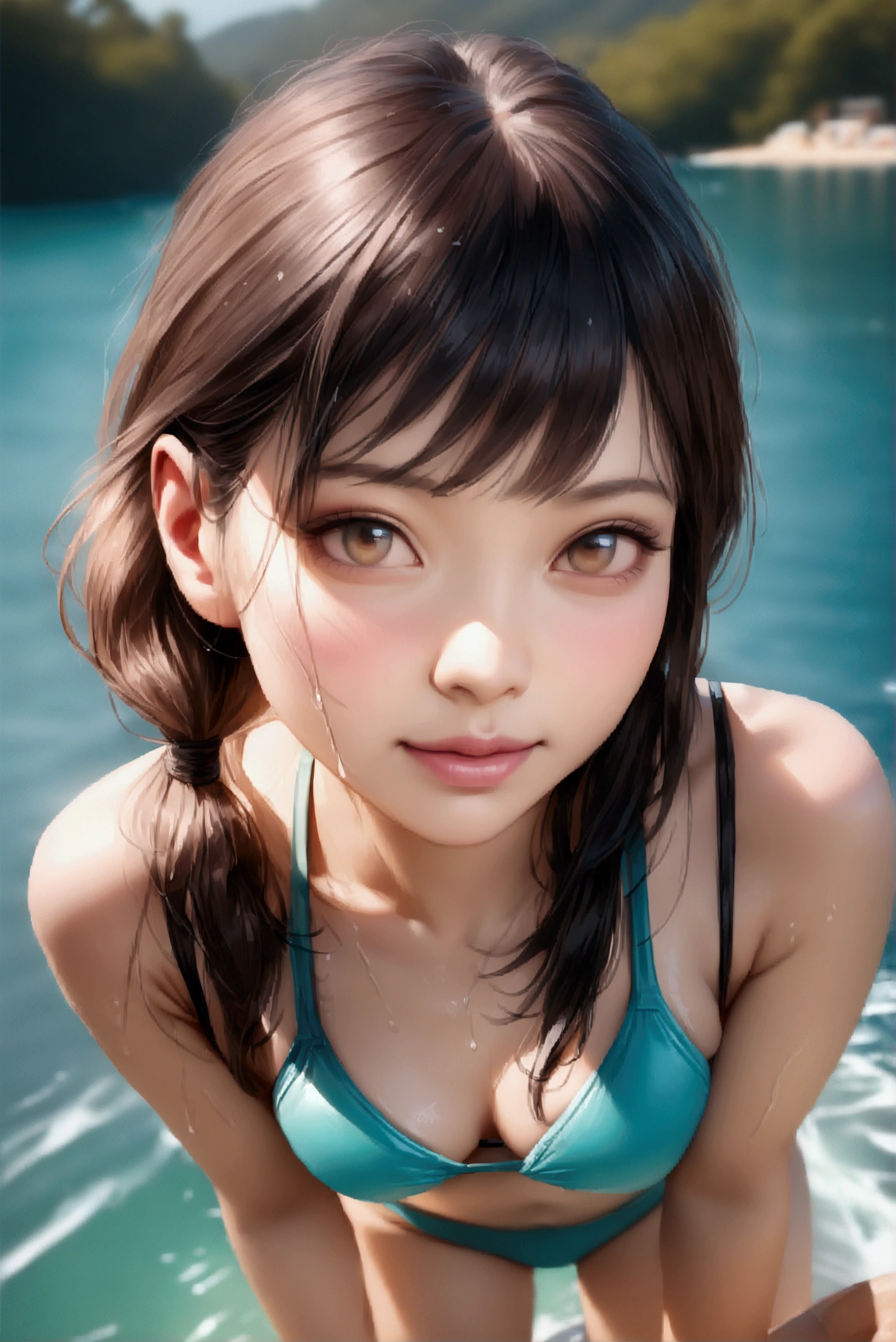 (8K、Raw photo、Highest quality、masterpiece:1.2)、(Realistic、Photorealistic:1.37)、1 girl、Japanese、Age 25、woman、Daytime、Sea side、Swimsuit: black bikini、Wet swimsuit、Natural soft light、(Front view)、Dark brown hair、