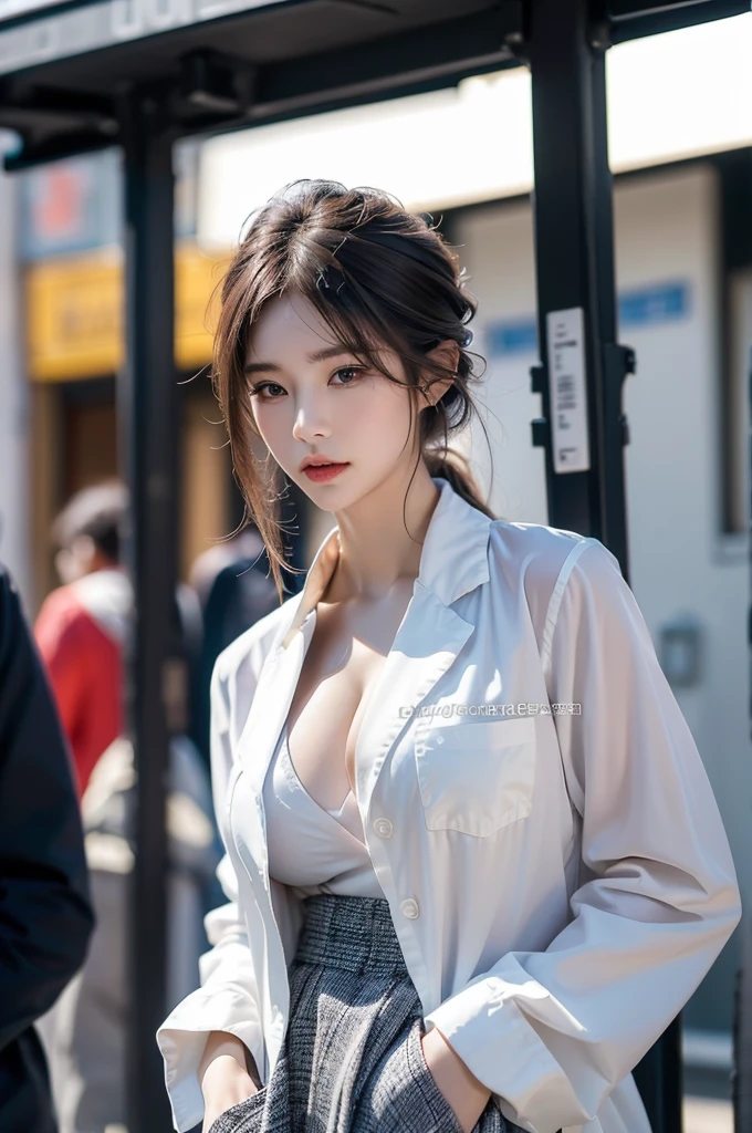 (((Practical photography))),, portrait, (Scared face:1.3),, beautiful girl, Looking at the audience, , (Uniforms:1.2), Button up your shirt and pants, , (Full cleavage:1),, in japanese street, (environment details:1.3),, (original photo, CG Unity, photography, ultra Practical details, Clear focus, Delicate skin,4K, High resolution, masterpiece, best quality, Practical, Energetic:1.2),, (8k,4K, Ultra HD, high resolution, professional, Movie, Movie, dramatic),, (Anamorphic depth of field blurred background), Detailed background,