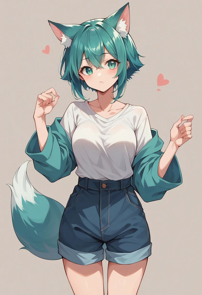 a closeup of a cartoon character with fox ears, fox girl, mikudayo, anime moe art style, Cat Mimi, short hair, anime girl with teal hair