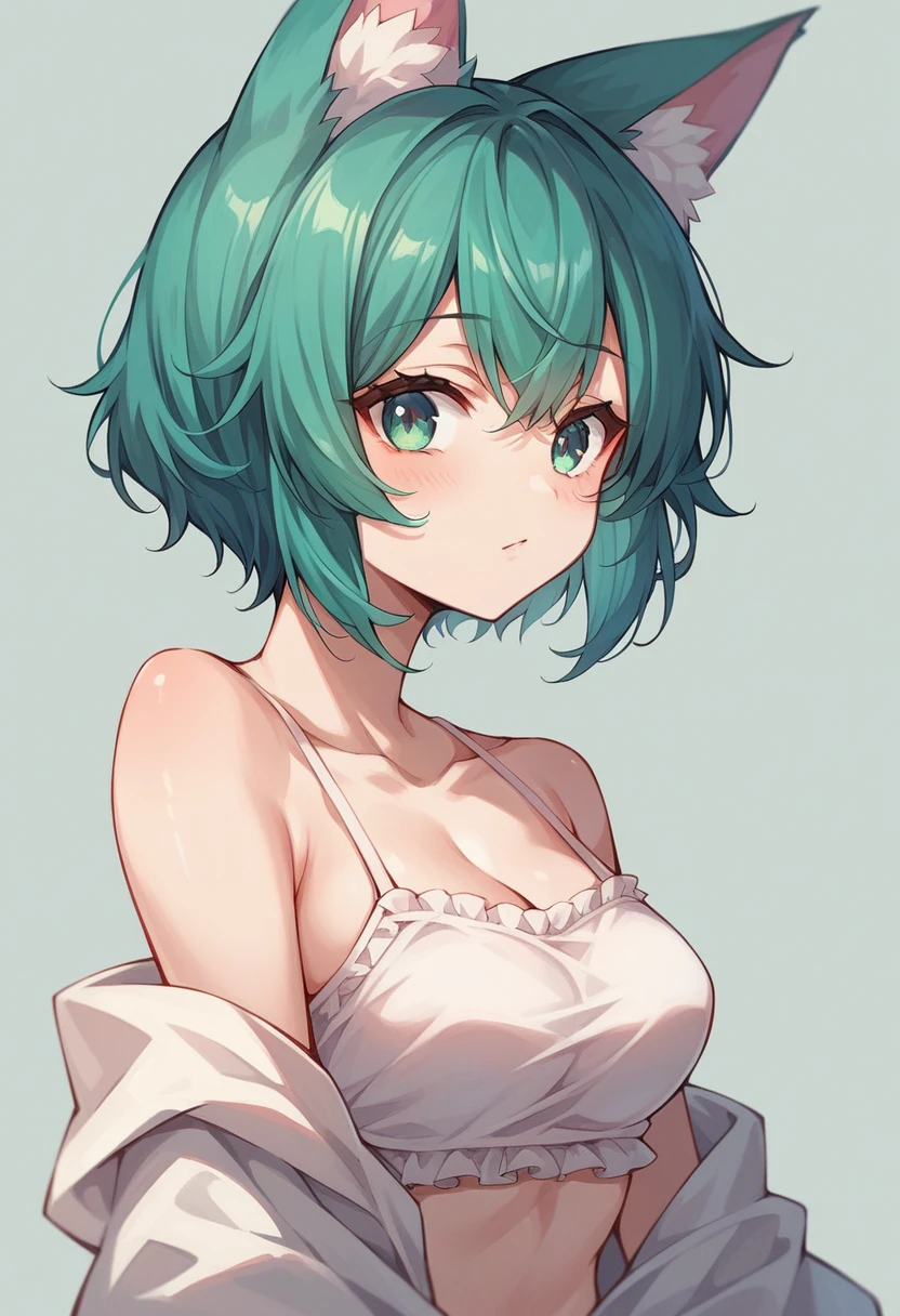 a closeup of a cartoon character with fox ears, fox girl, mikudayo, anime moe art style, Cat Mimi, short hair, anime girl with teal hair