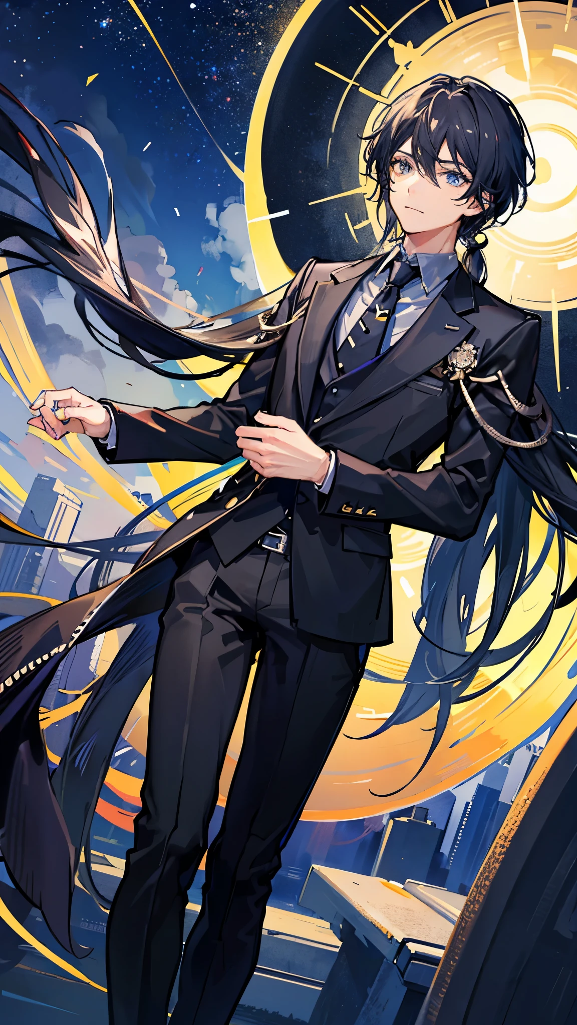 A man around 33 years old、A man with waist-length black hair tied back、Wearing a black suit、Eye color is a calm blue、The background is a planetarium、Starry sky seen from the ground