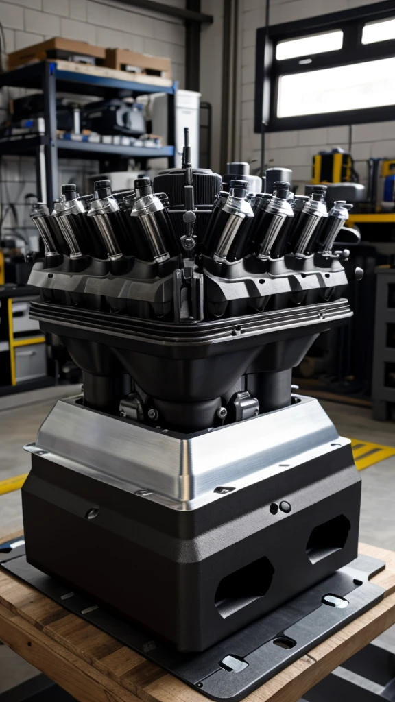 V8 twin turbo petrol engine with black color engine block and silver headcover on a work bench with tool on side