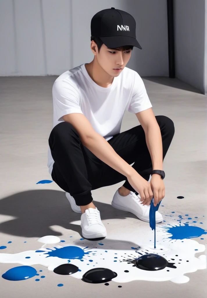 Make a male student wearing a black hat and a white t-shirt with the look of spilled paint.