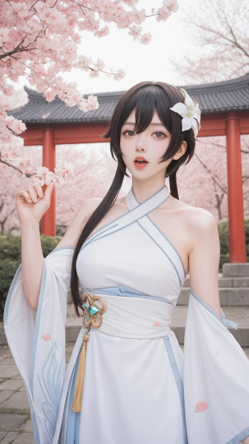 realistic,score_9, score_8_up, score_7_up,
lumine \(genshin impact\), 1girl, breasts, looking at viewer, short hair, open mouth, bangs, blonde hair, black hair, hair ornament, dress, hair between eyes, bare shoulders, brown eyes, standing, yellow eyes, flower, outdoors, parted lips, detached sleeves, solo focus, tongue, hair flower, tongue out, wide sleeves, white dress, tree, lips, halterneck, grabbing, white flower, cherry blossoms, short hair with long locks, licking, alternate breast size, aged up, realistic, torii, halter dress,
