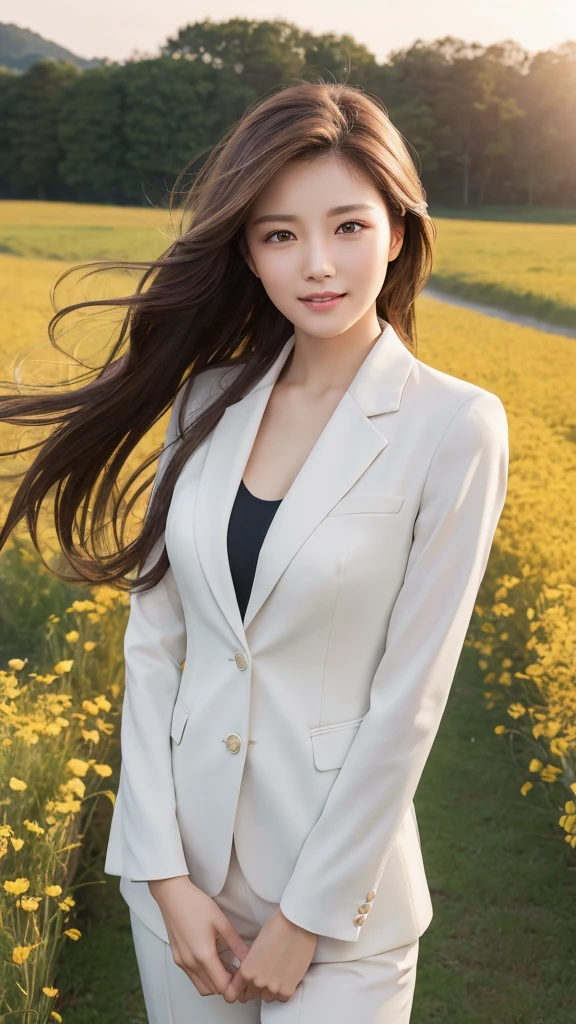 highest quality、genuine、Super detailed、finely、High resolution、8k wallpaper、one beautiful woman、、、light brown disheveled hair、wearing a business suit、sharp focus、perfect dynamic composition、beautiful and detailed eyes、thin hair、Detailed genuine skin texture、smile、model body shape、In a windswept meadow