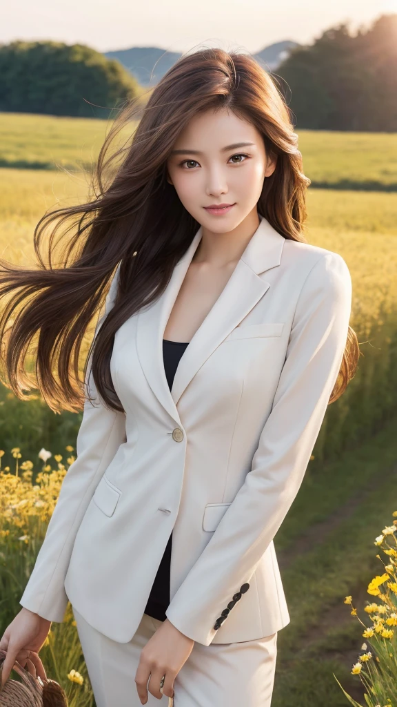 highest quality、genuine、Super detailed、finely、High resolution、8k wallpaper、one beautiful woman、、、light brown disheveled hair、wearing a business suit、sharp focus、perfect dynamic composition、beautiful and detailed eyes、thin hair、Detailed genuine skin texture、smile、model body shape、In a windswept meadow