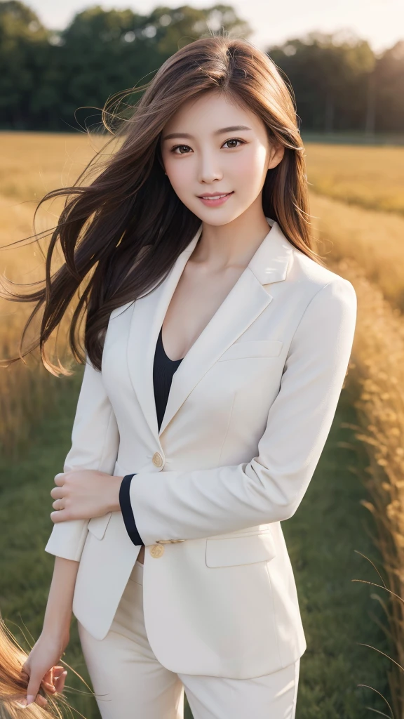 highest quality、genuine、Super detailed、finely、High resolution、8k wallpaper、one beautiful woman、、、light brown disheveled hair、wearing a business suit、sharp focus、perfect dynamic composition、beautiful and detailed eyes、thin hair、Detailed genuine skin texture、smile、model body shape、In a windswept meadow