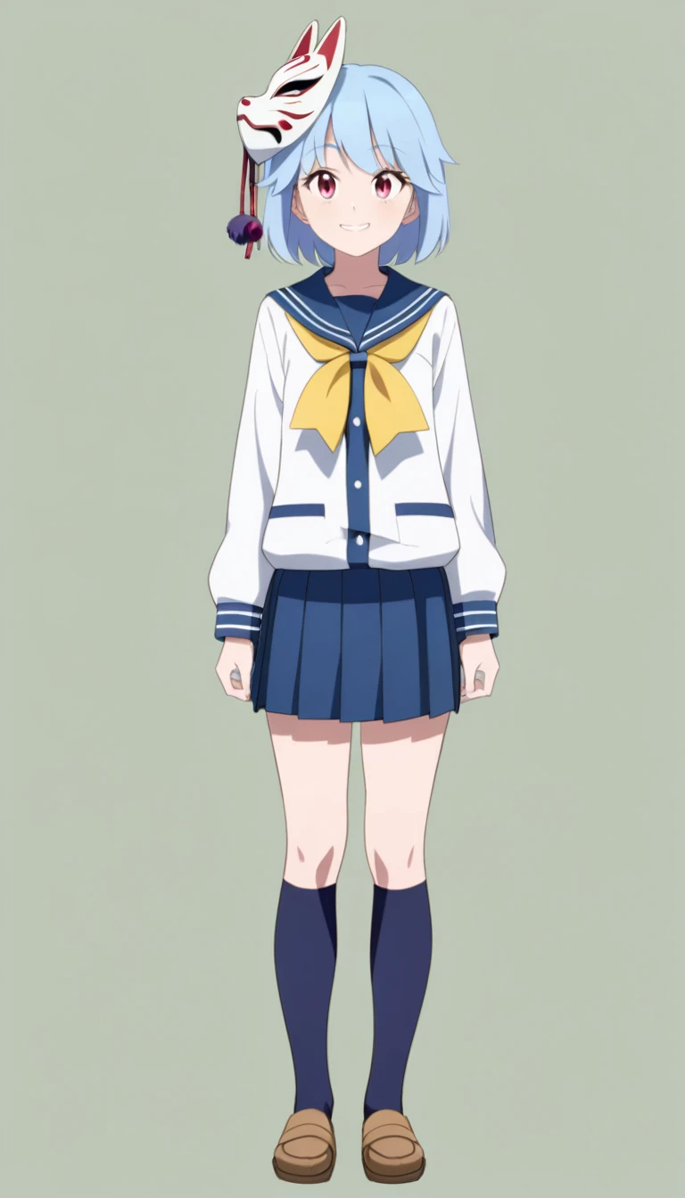 18-year-old, young girl, anime, short hair, ((His entire face is covered by a Japanese fox mask.)), BREAK blue hair, full body, sailor suit, short pleated skirt, smiling, (simple background), (stand up straight), anatomically correct